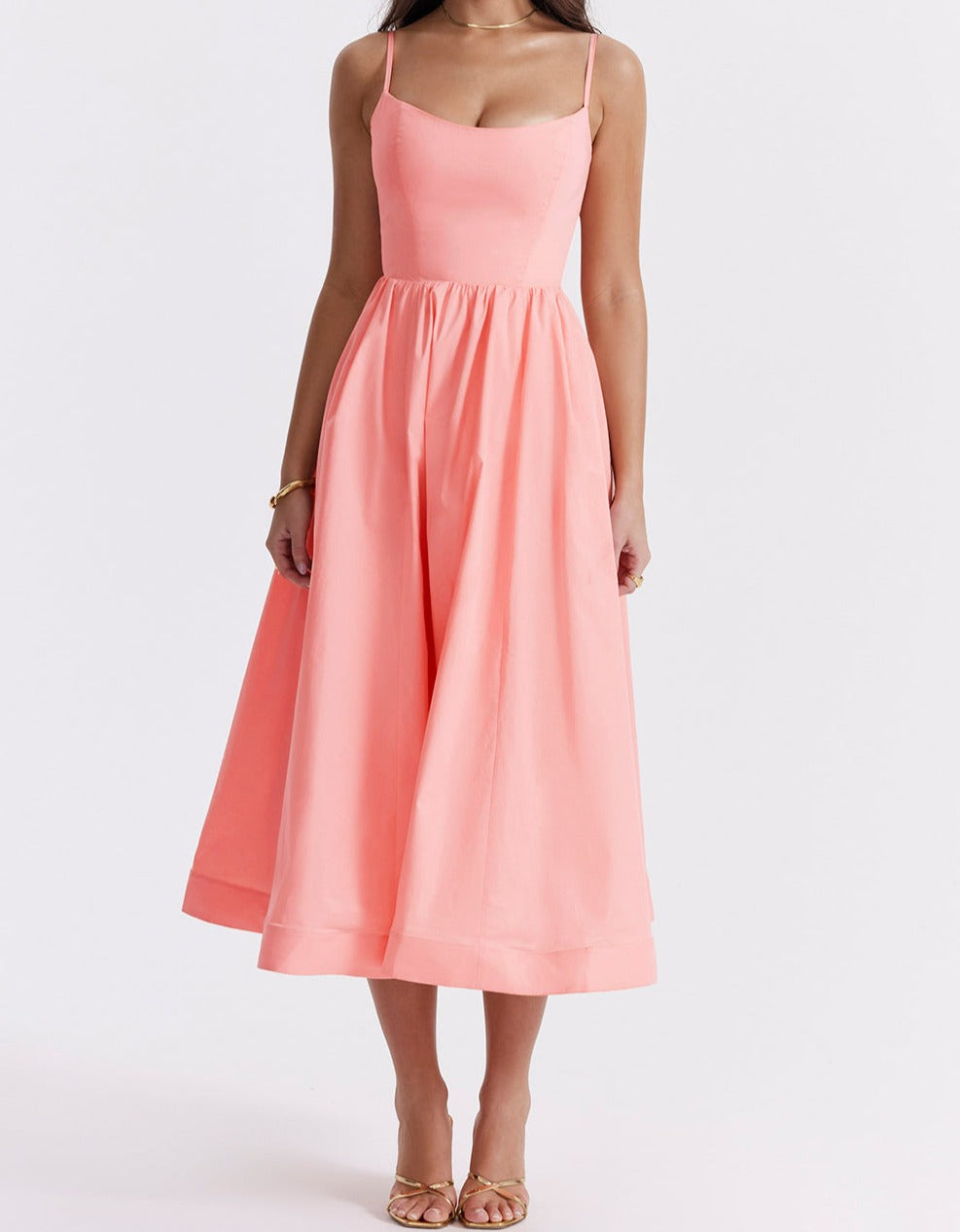 Spaghetti Strap Square Neck Gathered Waist Fit and Flare Midi Dress