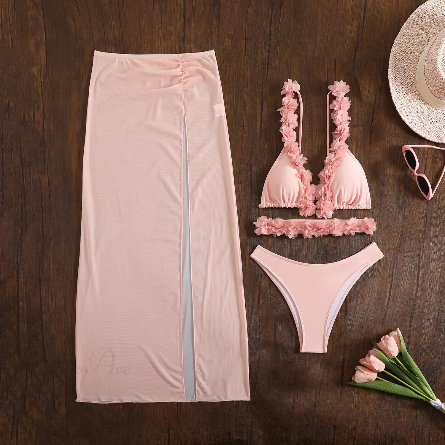 Long Dress Cover Up Bikini Three Piece Swimsuit pink set 3 / S