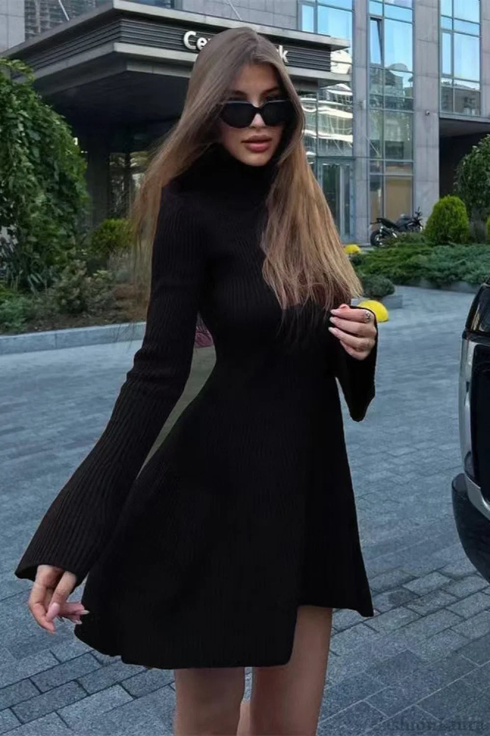 Long Sleeve A-Line Sweater Dress S / Black