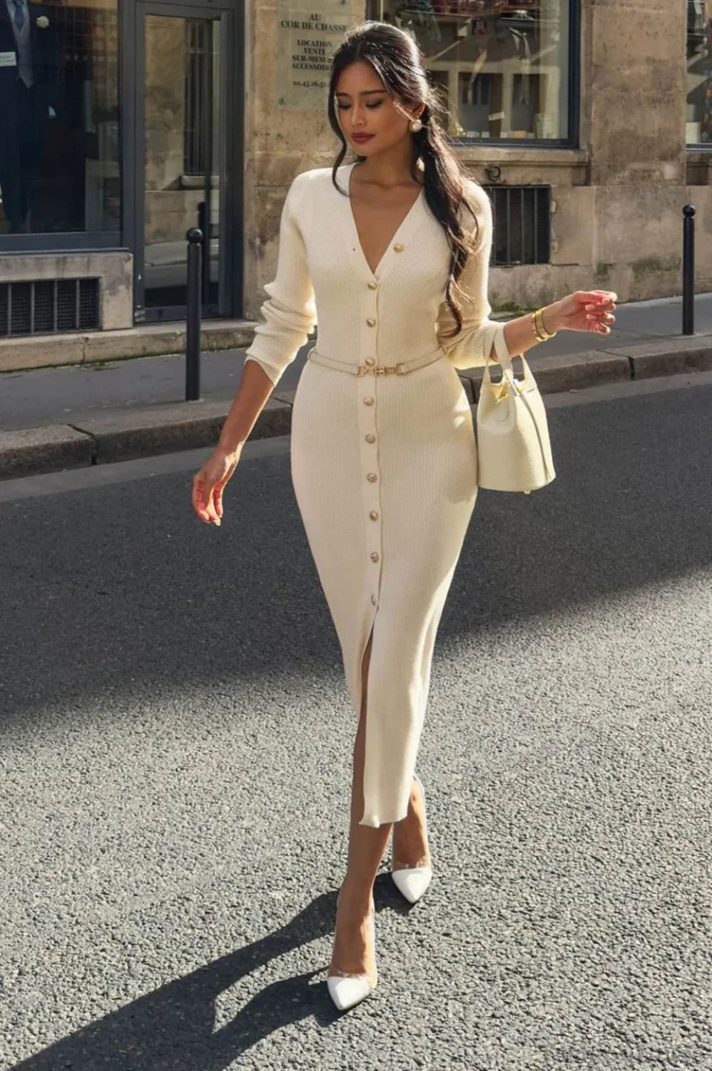 Long Sleeve Button Sweater Dress S / Beige