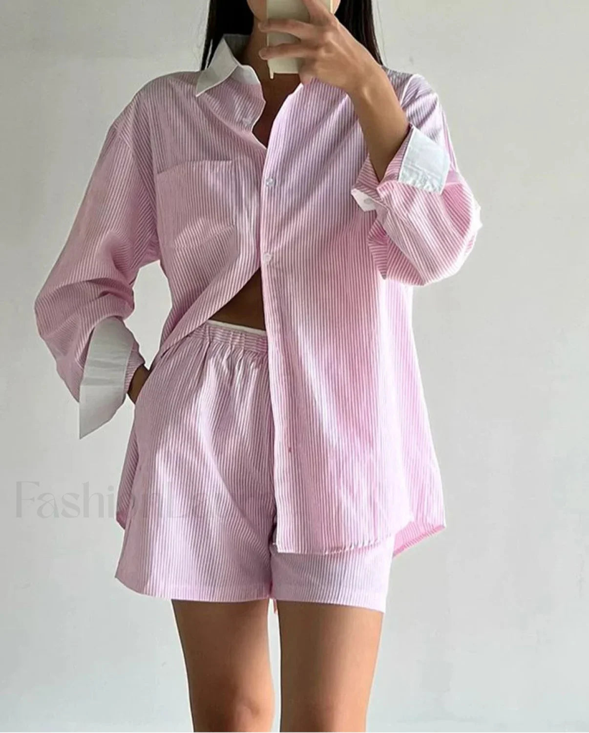 Long Sleeve Collar Pajama Shorts Two Piece Set