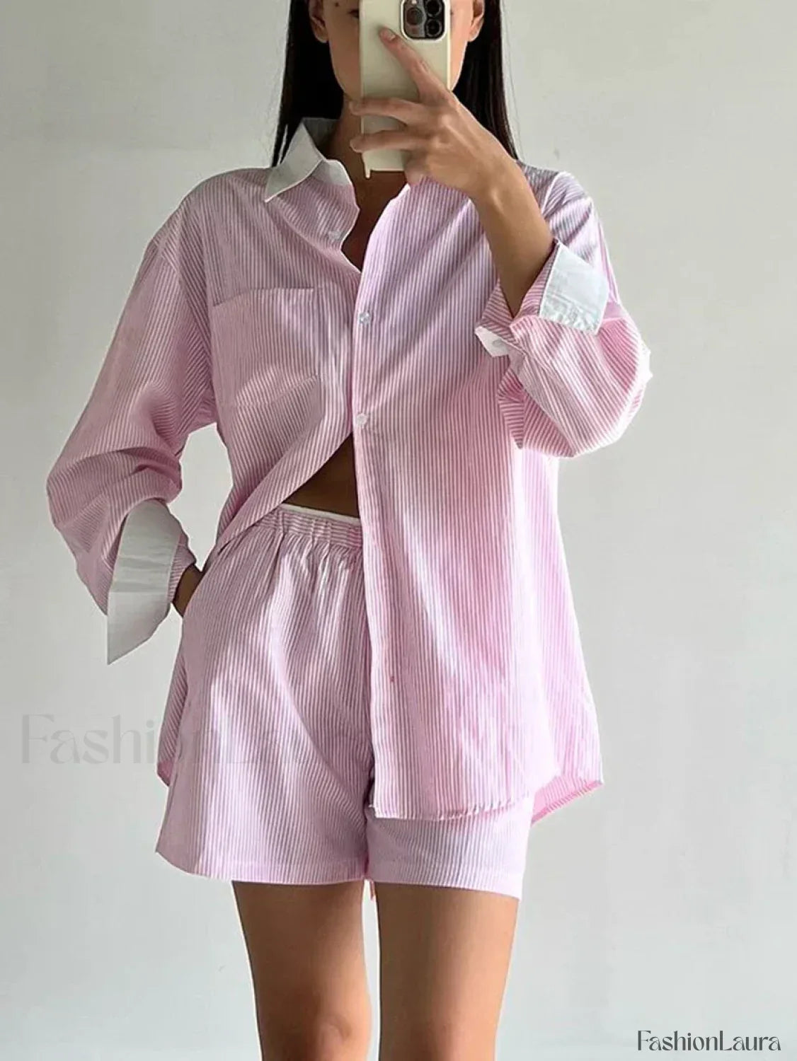 Long Sleeve Collar Pajama Shorts Two Piece Set