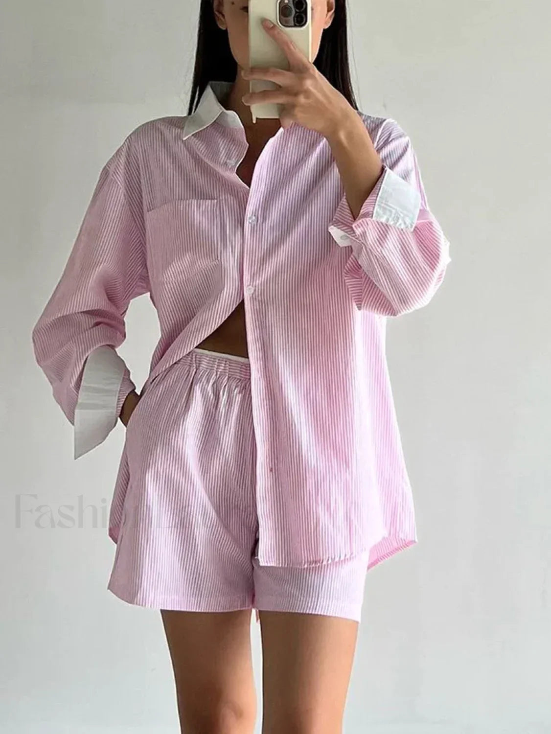 Long Sleeve Collar Pajama Shorts Two Piece Set