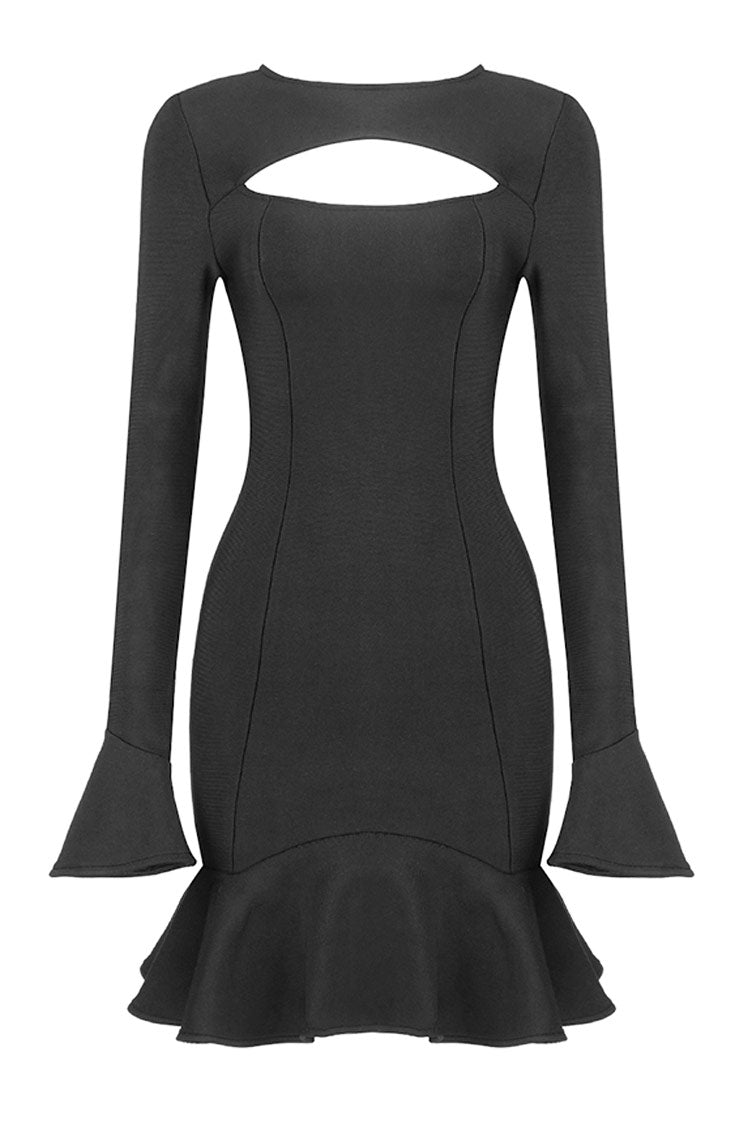 Long Sleeve Cutout Front Ruffle Hem Bandage Mini Dress - Black 3