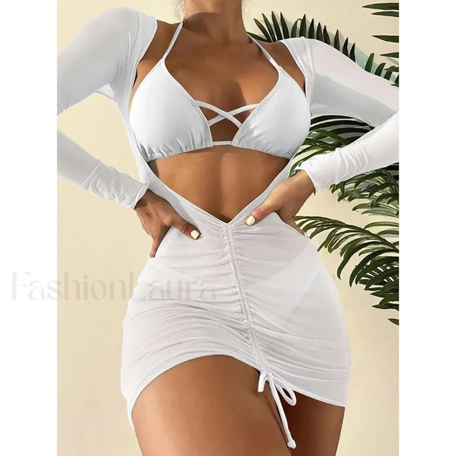 Long Sleeve Drawstring Three Piece Set White / S