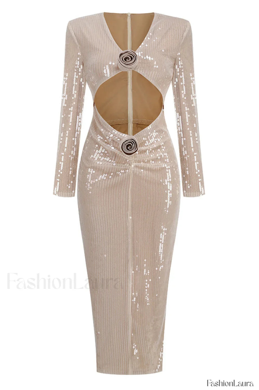 Long Sleeve Flower Charming Sequin Midi Dress