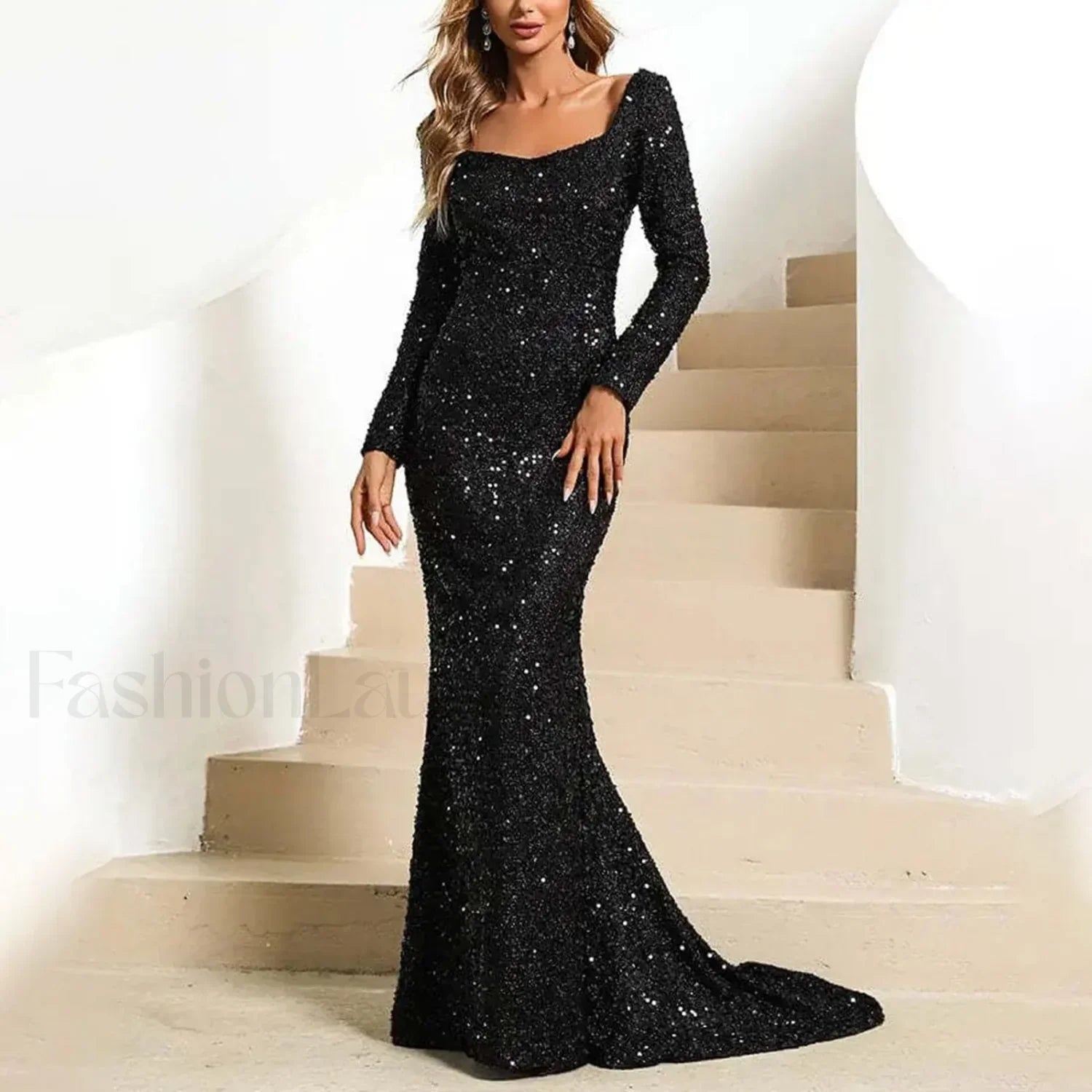 Long Sleeve For Women Pure Color Glitter Sparkly Sequin Floor Length Bodycon Vintage Slim Maxi Prom Dress