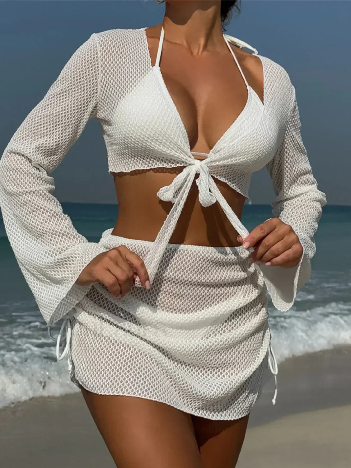 Long Sleeve Halter Bikini Four Piece Set