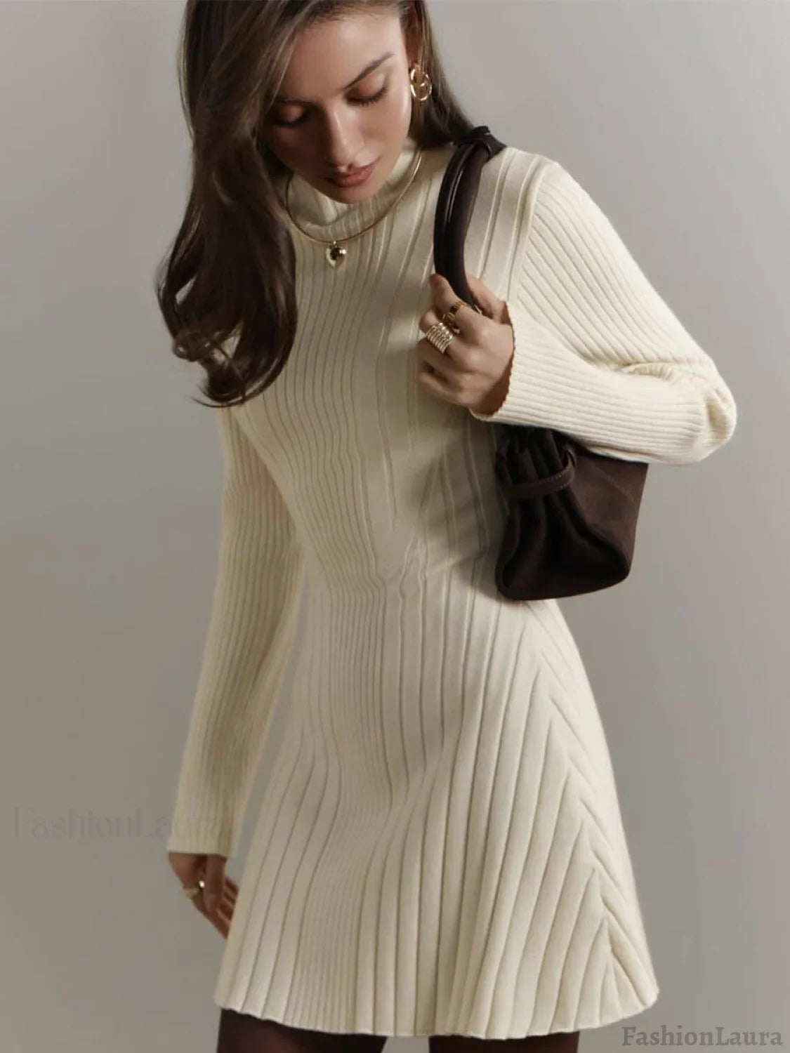 Long Sleeve High Neck Sweater Dress S / White