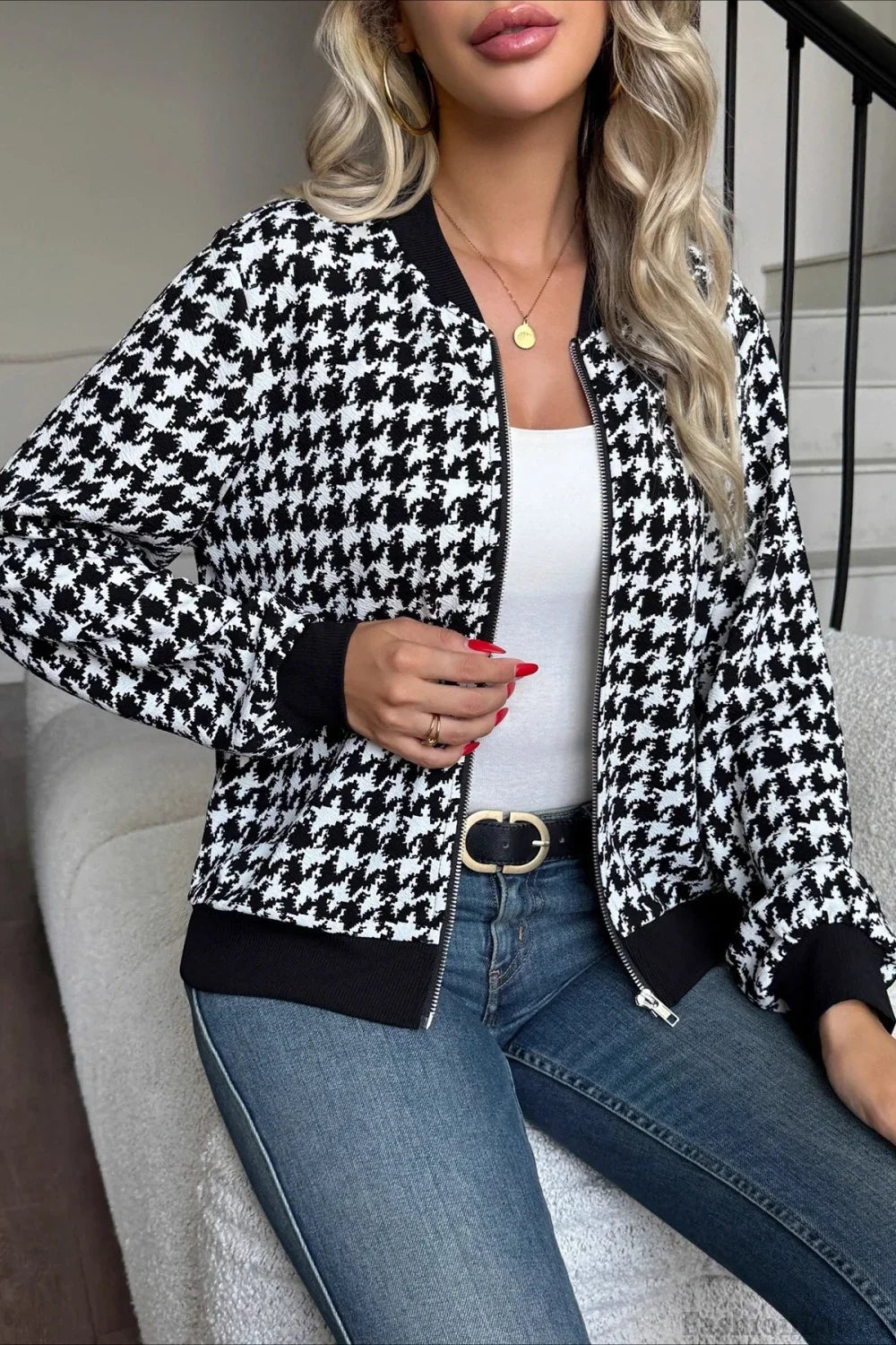 Long Sleeve Houndstooth Fitted Jacket
