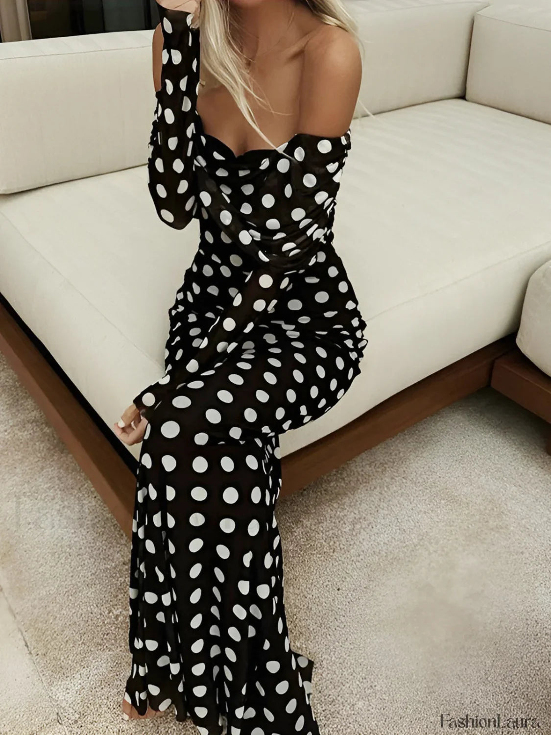 Long Sleeve Off-Shoulder Polka Dot Print Long Dress