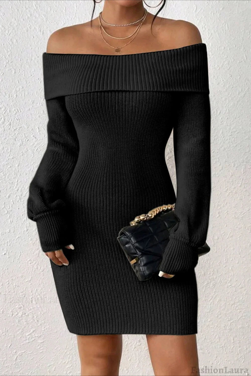 Long Sleeve Off Shoulder Slim Fit Knit Sweater Dress