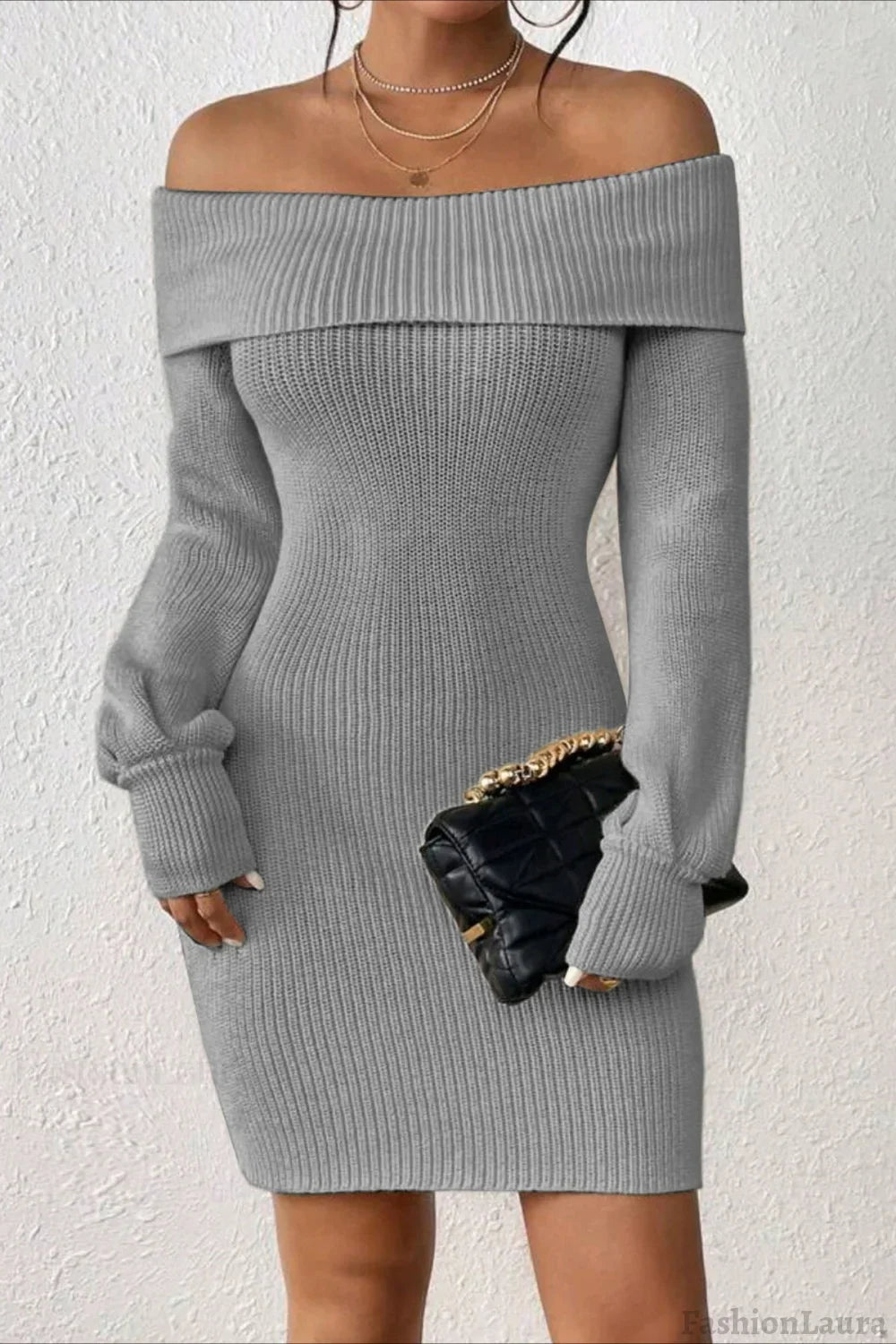 Long Sleeve Off Shoulder Slim Fit Knit Sweater Dress S / Grey
