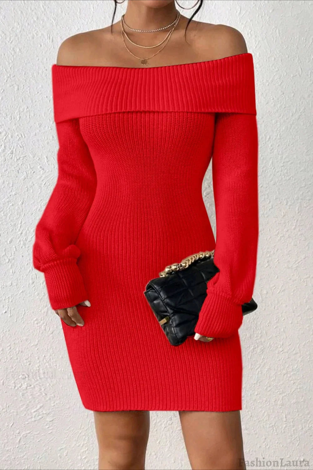 Long Sleeve Off Shoulder Slim Fit Knit Sweater Dress S / Red