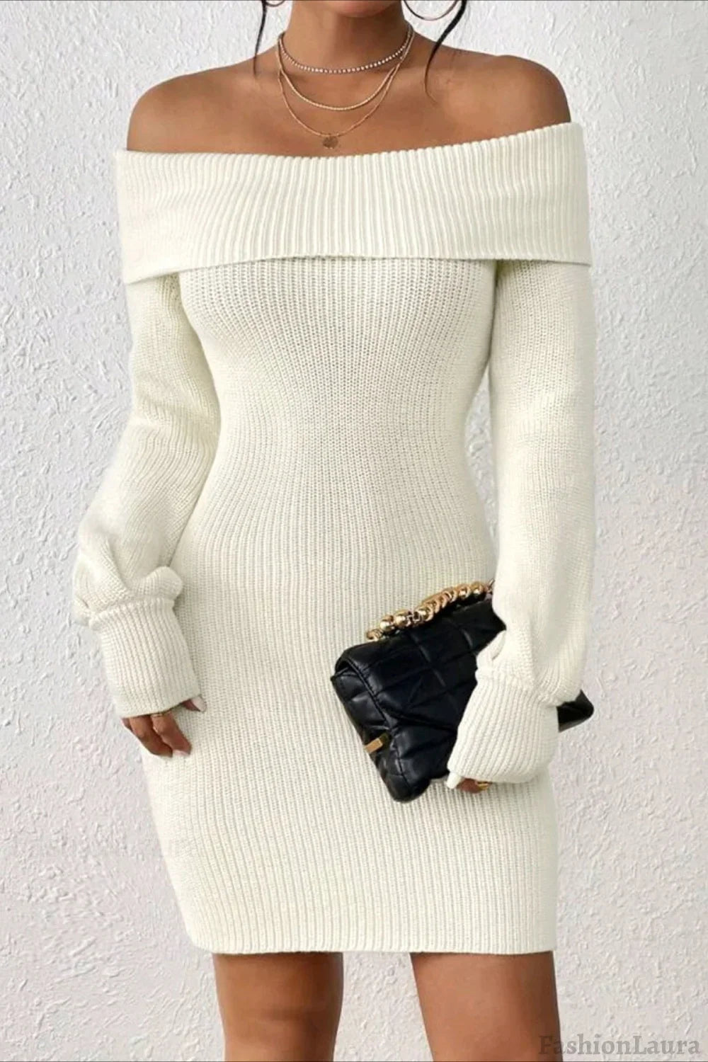 Long Sleeve Off Shoulder Slim Fit Knit Sweater Dress S / White