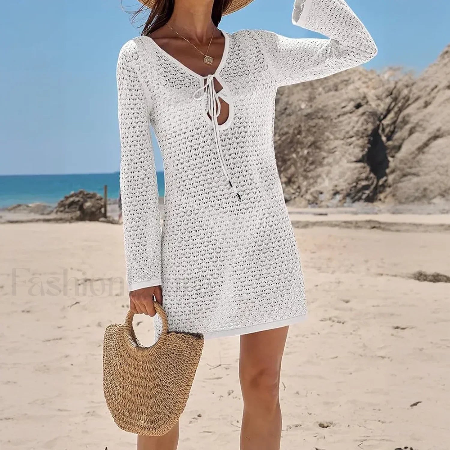 Long Sleeve Shirt Beach Cover Up WHITE / S