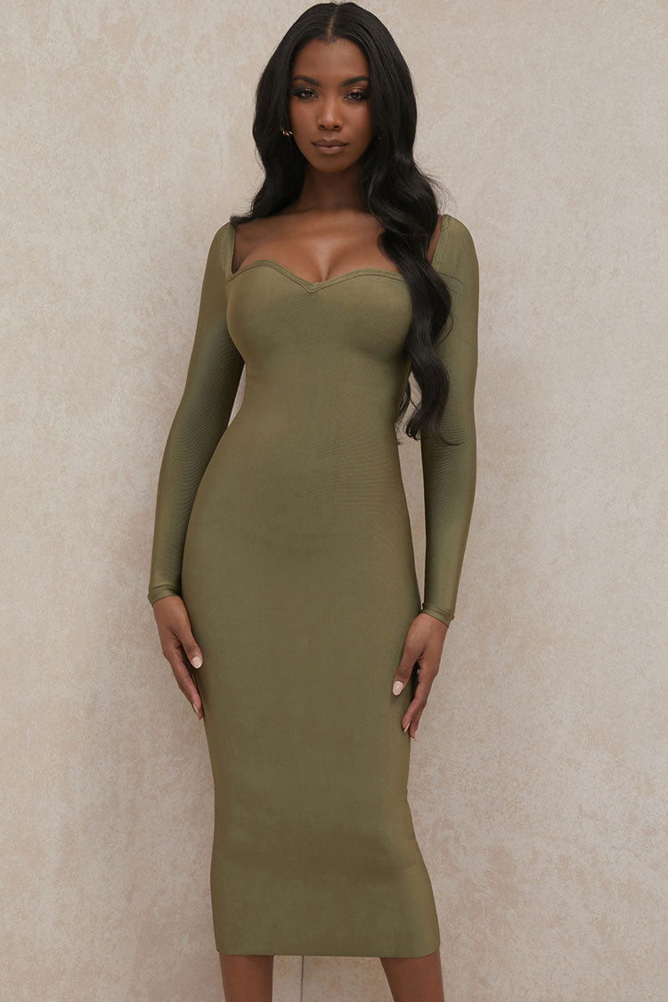 Long Sleeve Sweetheart Neck Bandage Bodycon Midi Dress