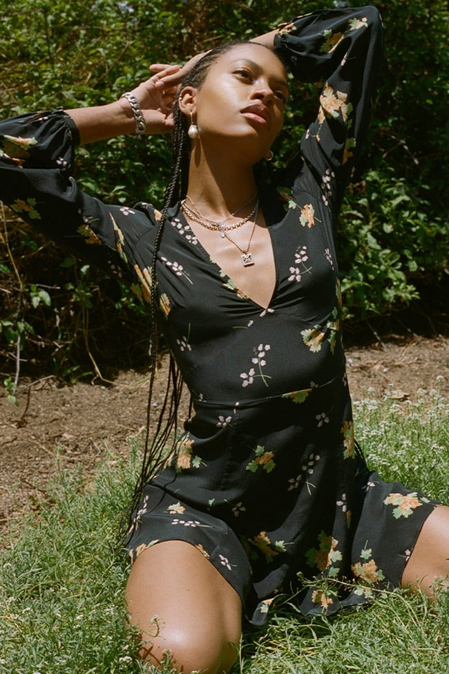 Floral Deep V-Neck Long Sleeve Fit and Flare Mini Dress