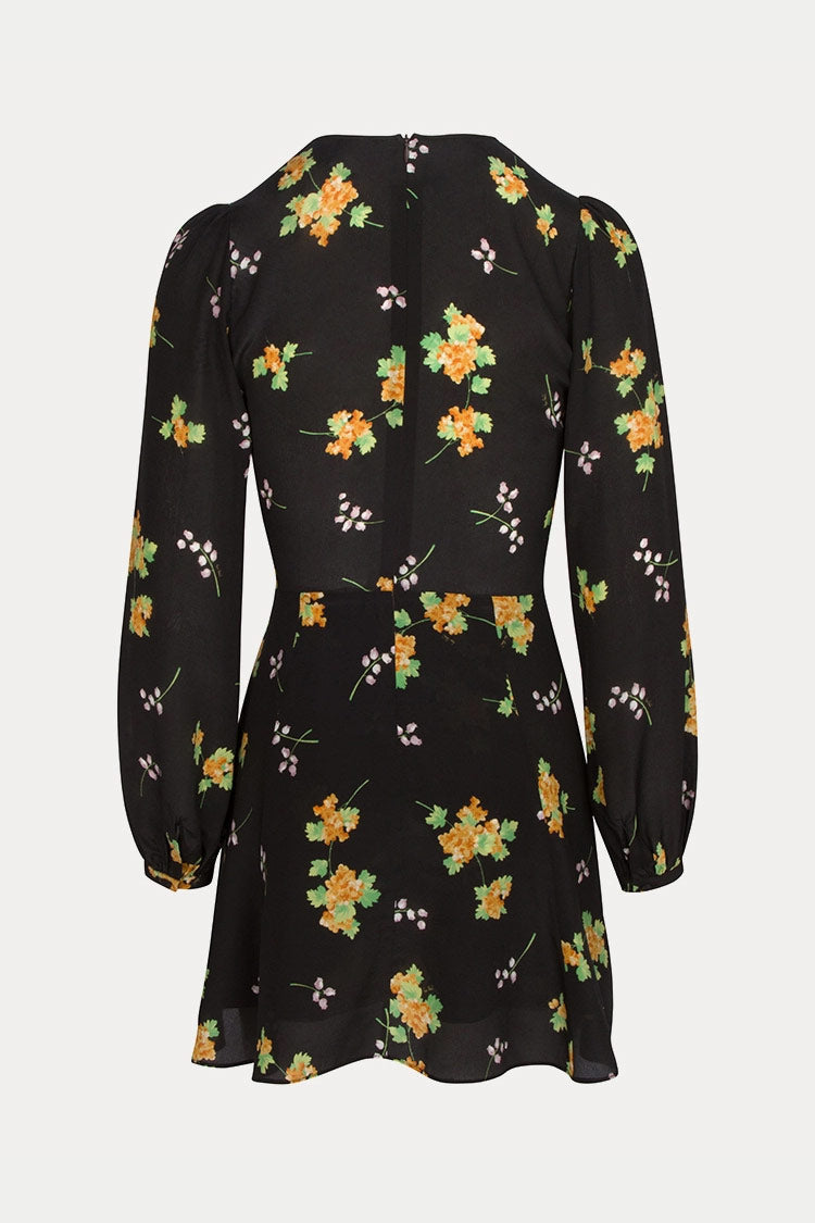 Floral Deep V-Neck Long Sleeve Fit and Flare Mini Dress