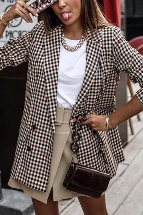 Plaid Button Long Sleeve Blazer