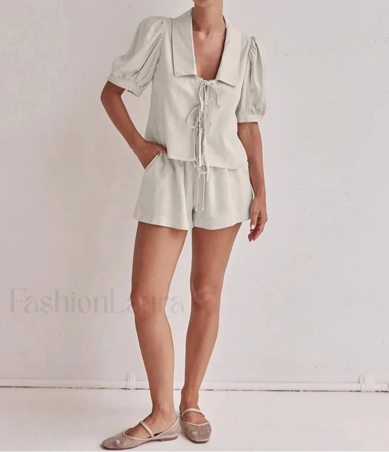 Loose Apricot Linen Shirt Shorts Two Piece Set