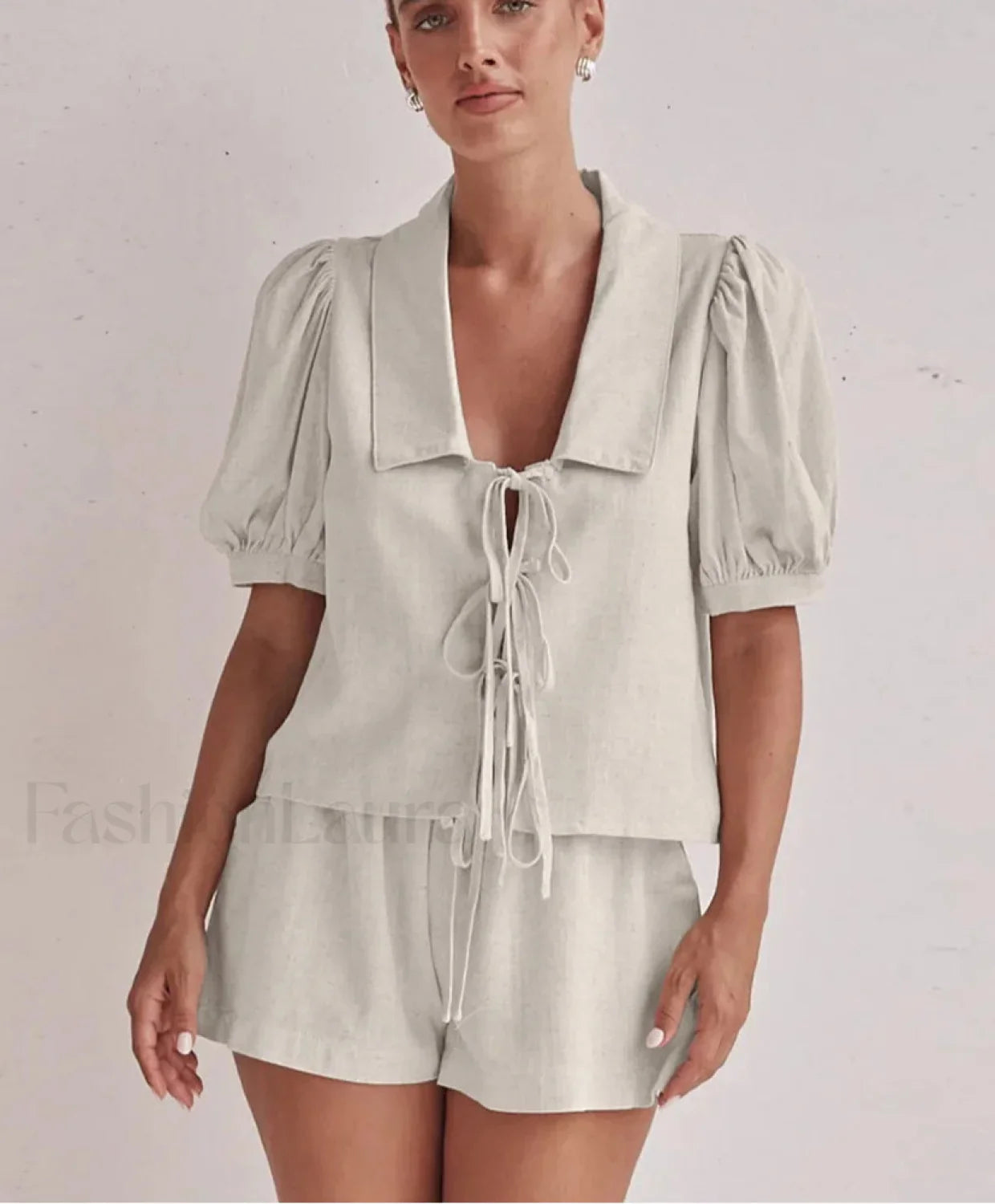 Loose Apricot Linen Shirt Shorts Two Piece Set