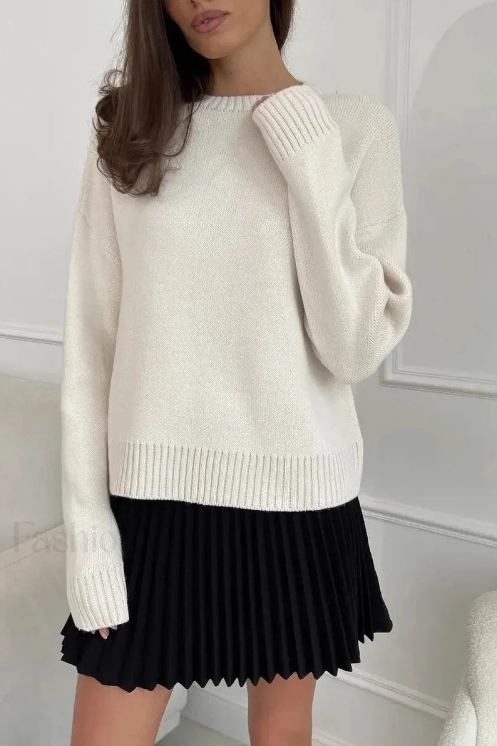 Loose Basic Knit Pullover Sweater White / M