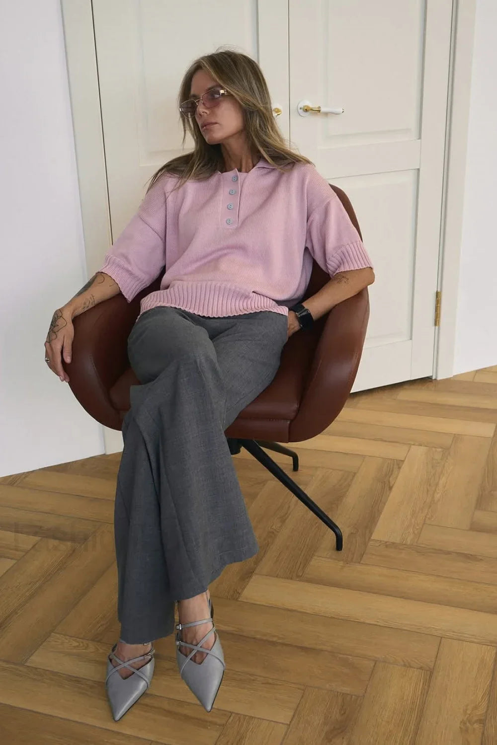 Loose Fit Buttoned Knit Polo Sweater S / Purple