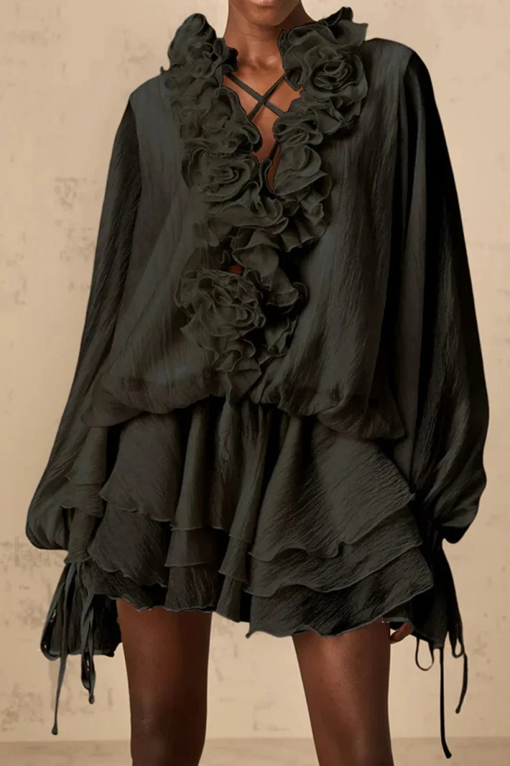 Loose Fit Folded Ruffle Boho Dress Black / XS