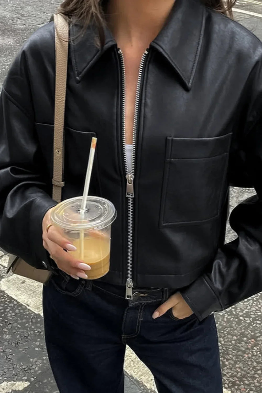 Loose Fit Matte Leather Short Jacket