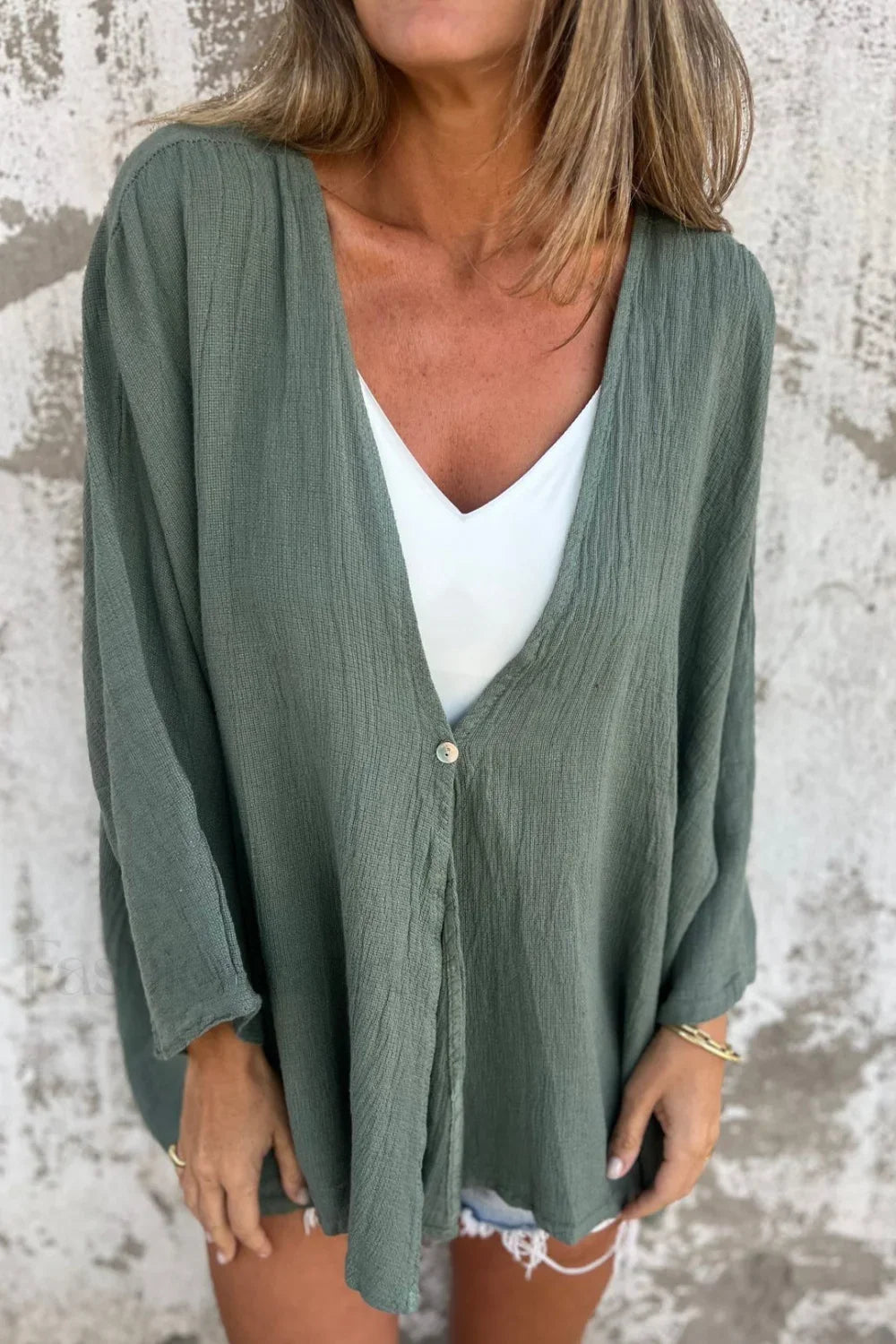 Loose Fit V Neck Long Sleeve Cardigan Green / S