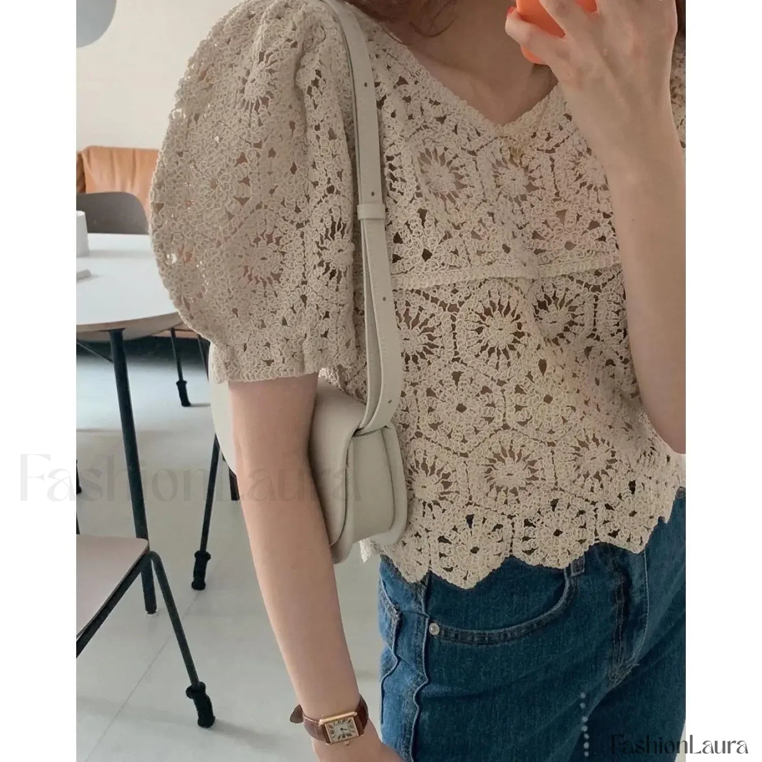 Loose Hollow-out Crocheted Puff Short Sweater Blouse