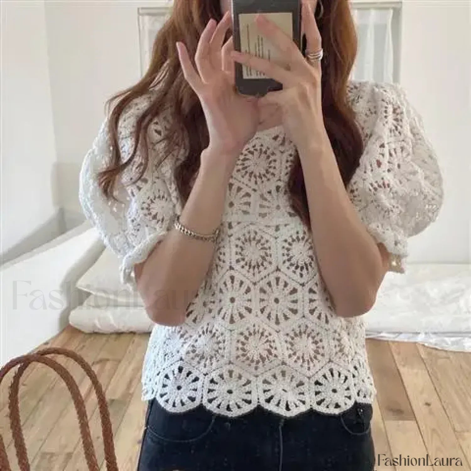 Loose Hollow-out Crocheted Puff Short Sweater Blouse