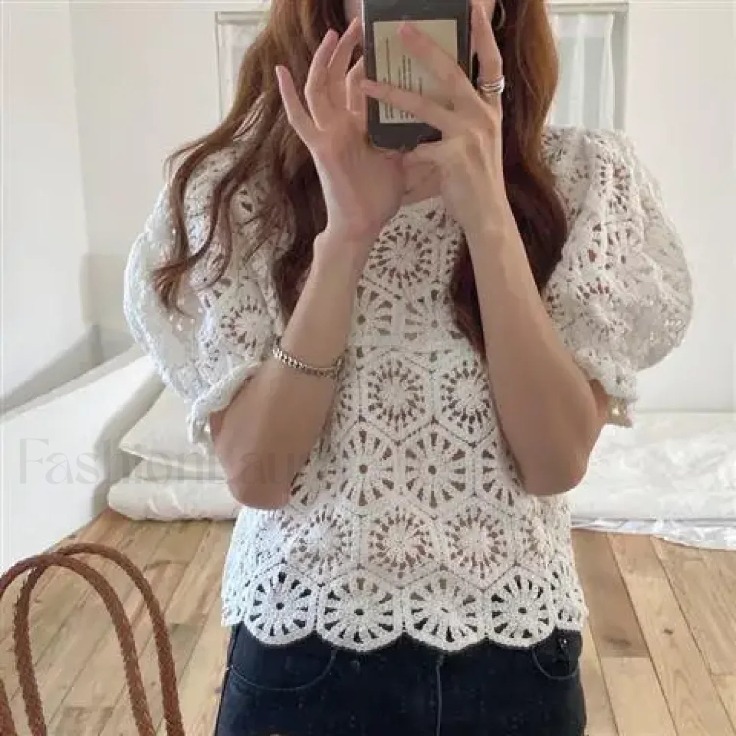 Loose Hollow-out Crocheted Puff Short Sweater Blouse