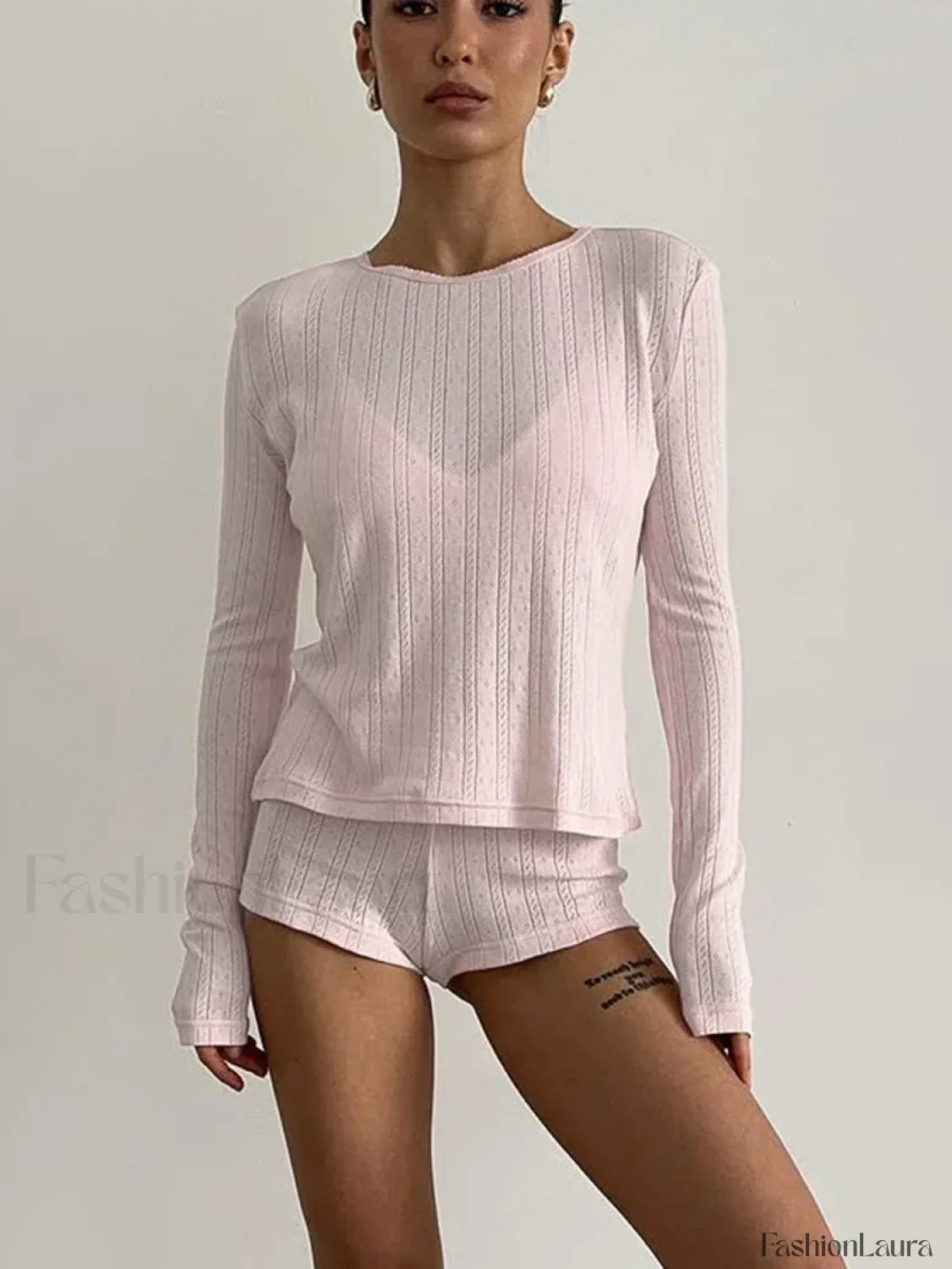 Loose Long Sleeve Knitted Shorts Two Piece Set