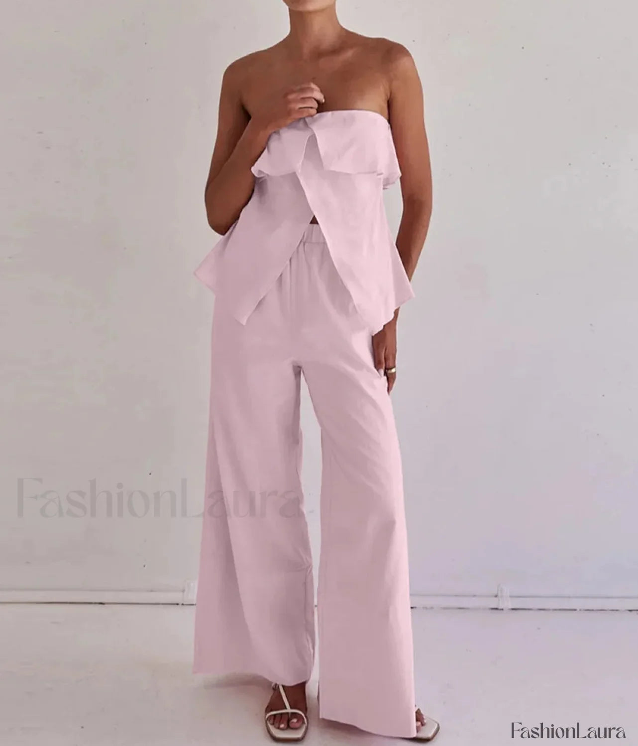 Loose Pink Cotton Tank Pants Two Piece Set