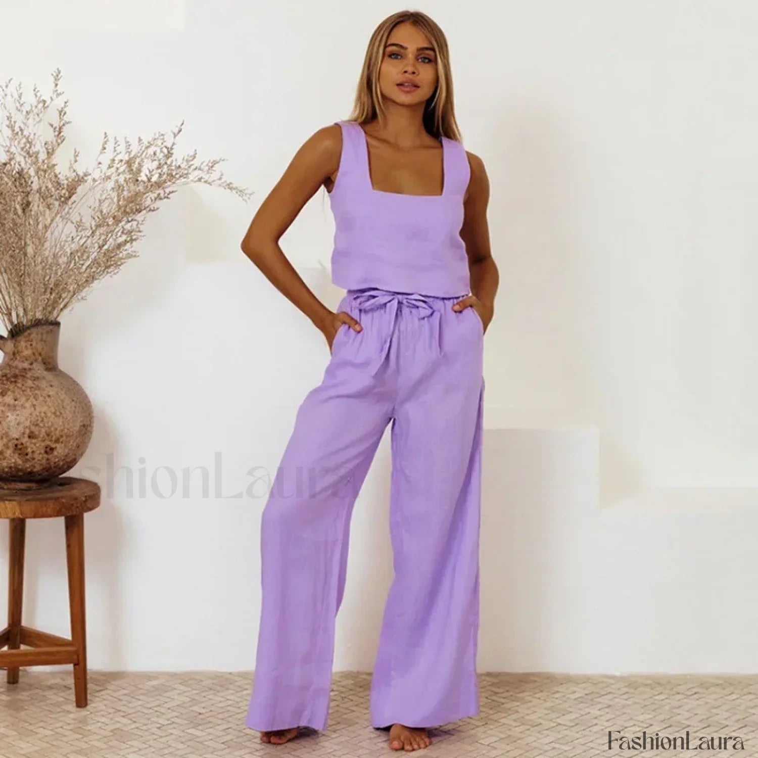 Loose Square Top Pants Two Piece Set