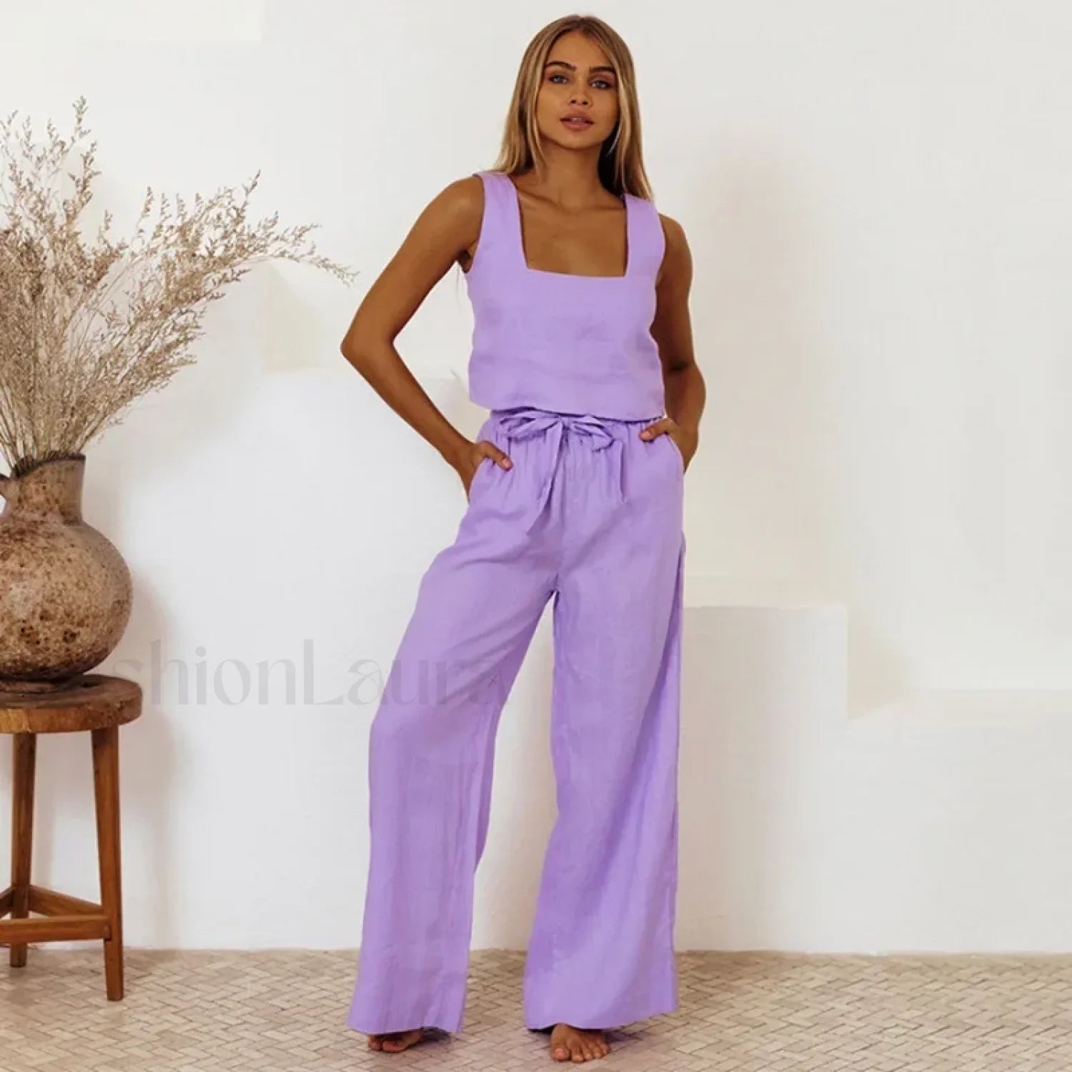 Loose Square Top Pants Two Piece Set PURPLE / S