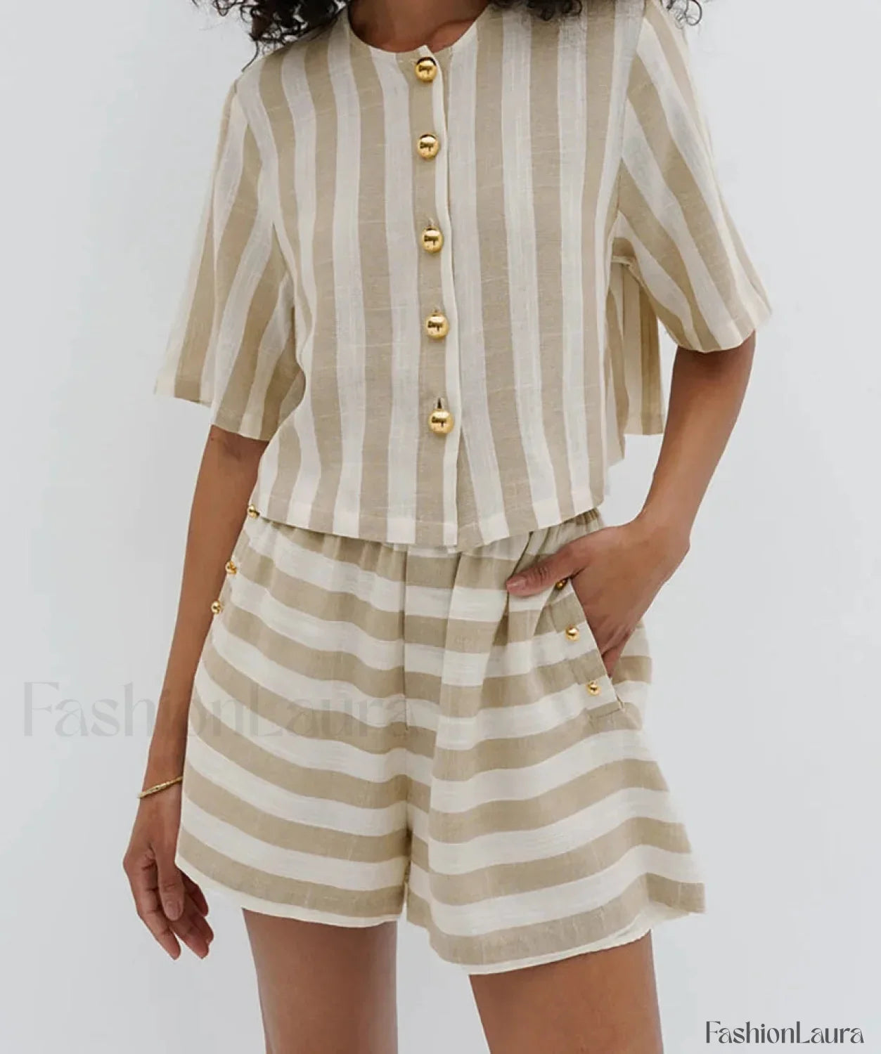 Loose Striped Shirt High Waist Shorts Two Piece Set