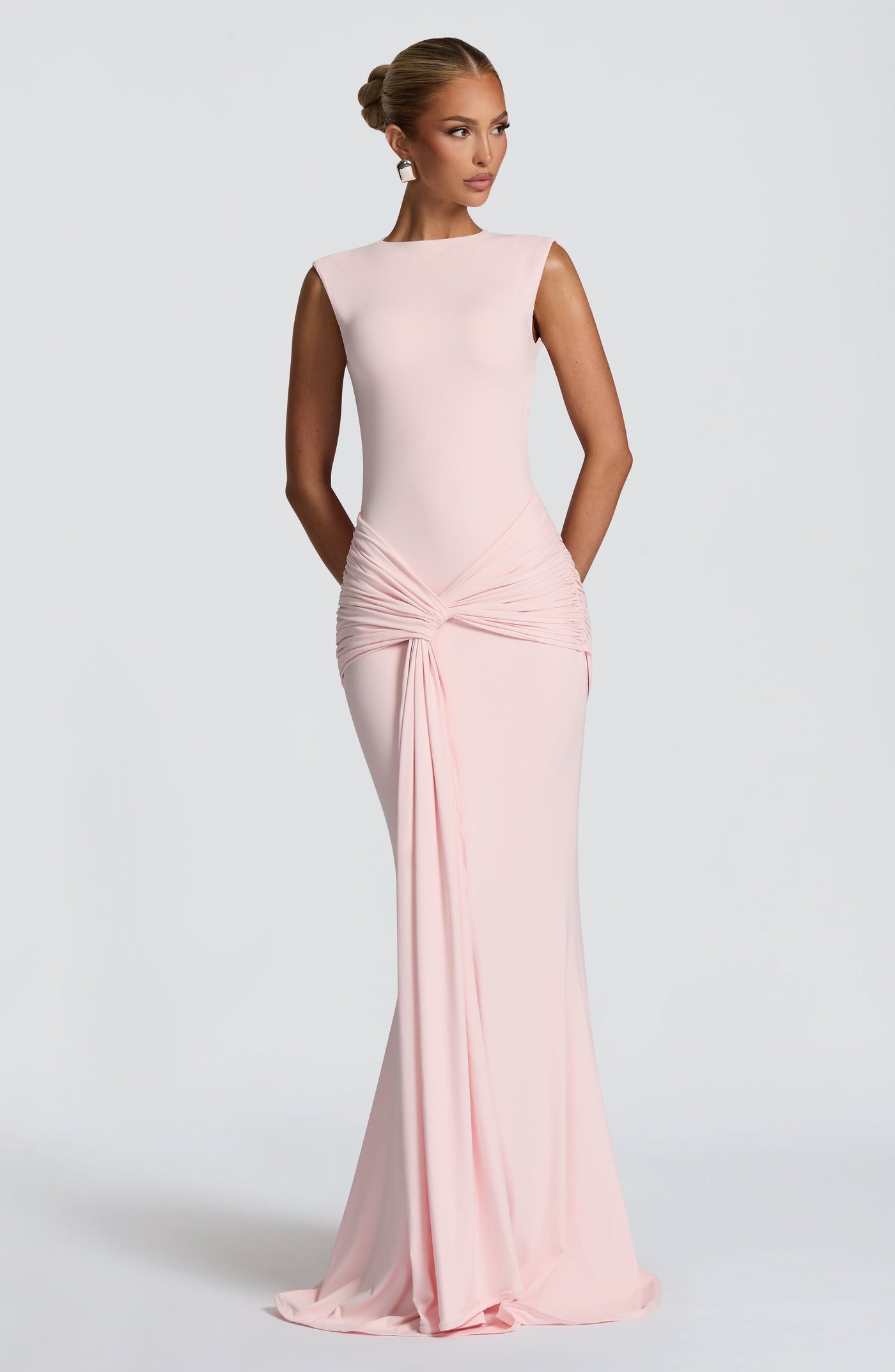 Boat Neck Ruched Twist Front Mermaid Maxi Gown