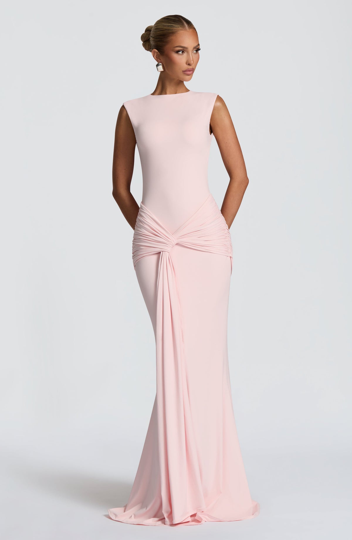 Boat Neck Ruched Twist Front Mermaid Maxi Gown