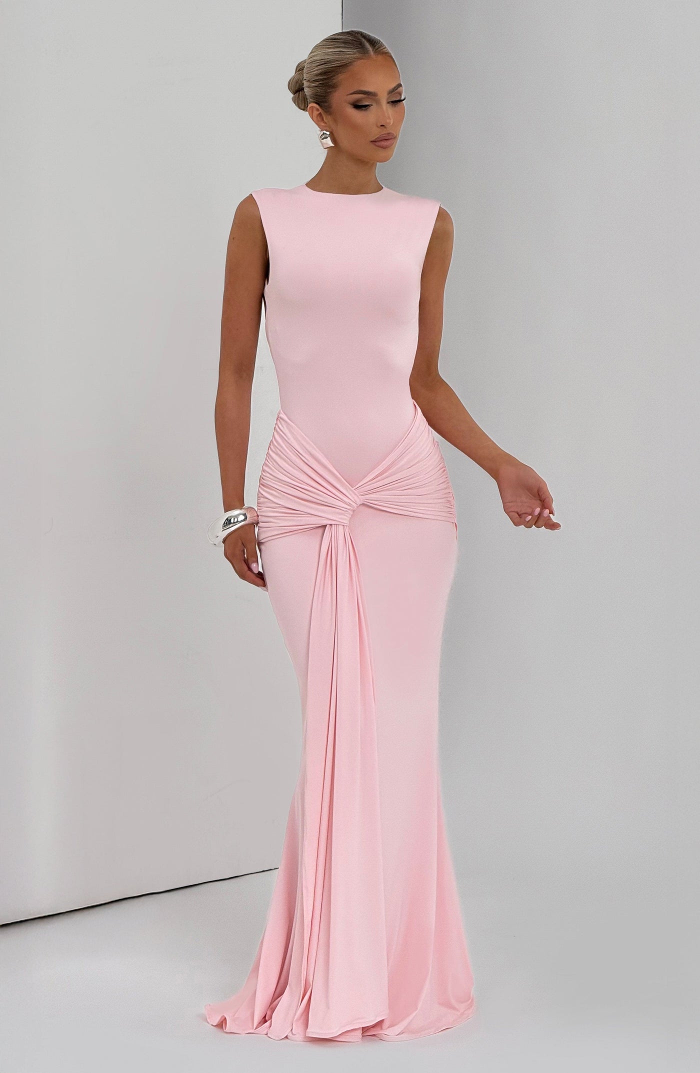 Boat Neck Ruched Twist Front Mermaid Maxi Gown 8