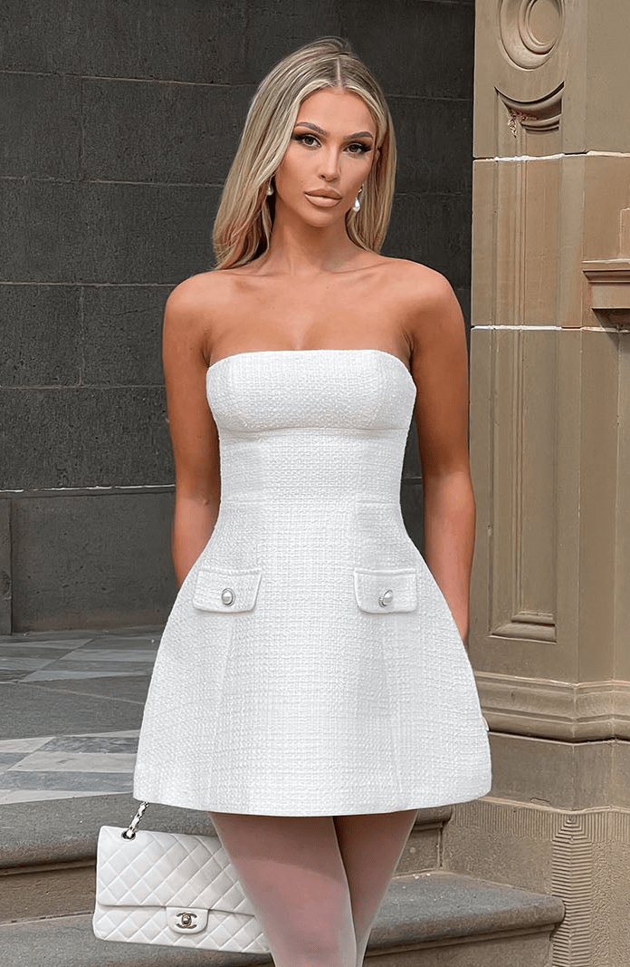 Tweed Look Strapless Flap Pocket Detail Flared Mini Dress 3