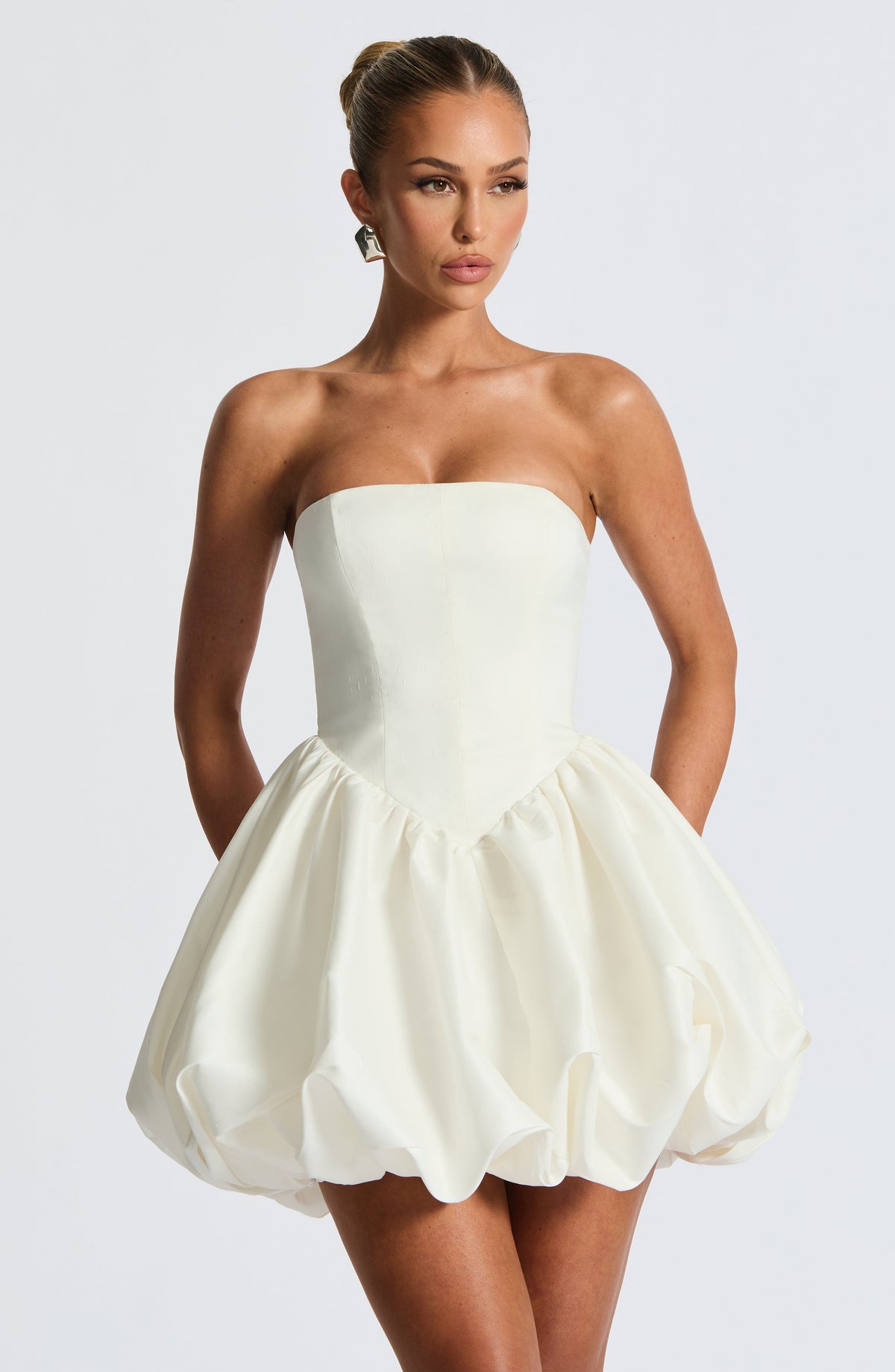 Satin Strapless Basque Waist Back Bow Bubble Hem Mini Dress 7