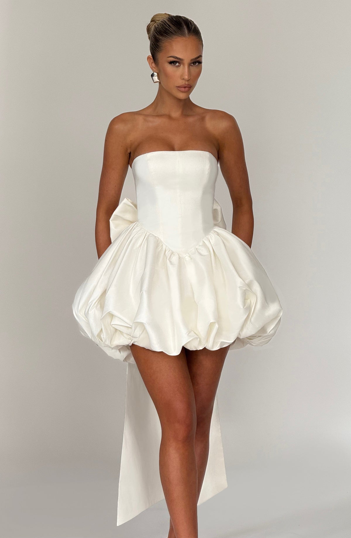 Satin Strapless Basque Waist Back Bow Bubble Hem Mini Dress