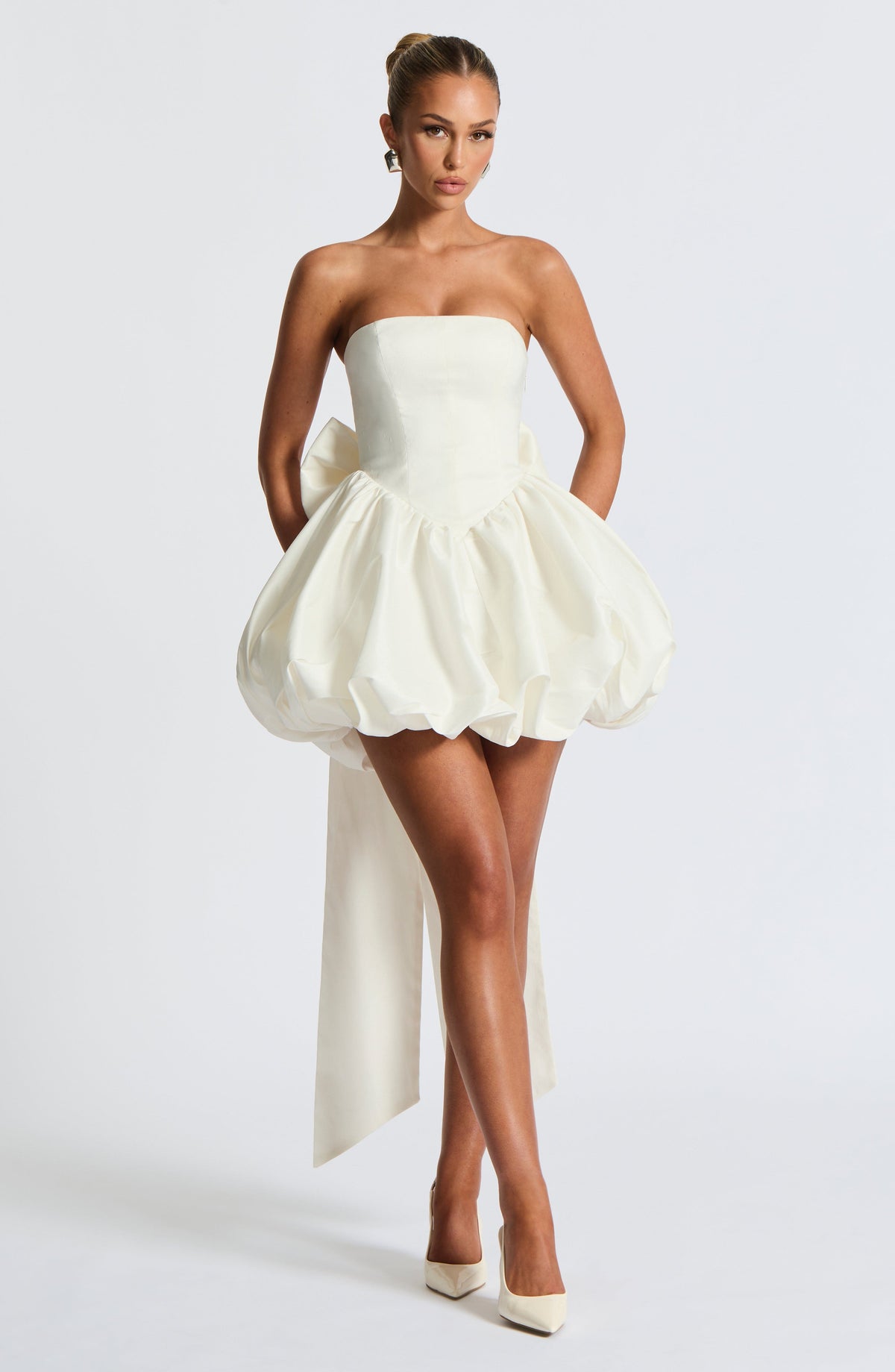 Satin Strapless Basque Waist Back Bow Bubble Hem Mini Dress 9