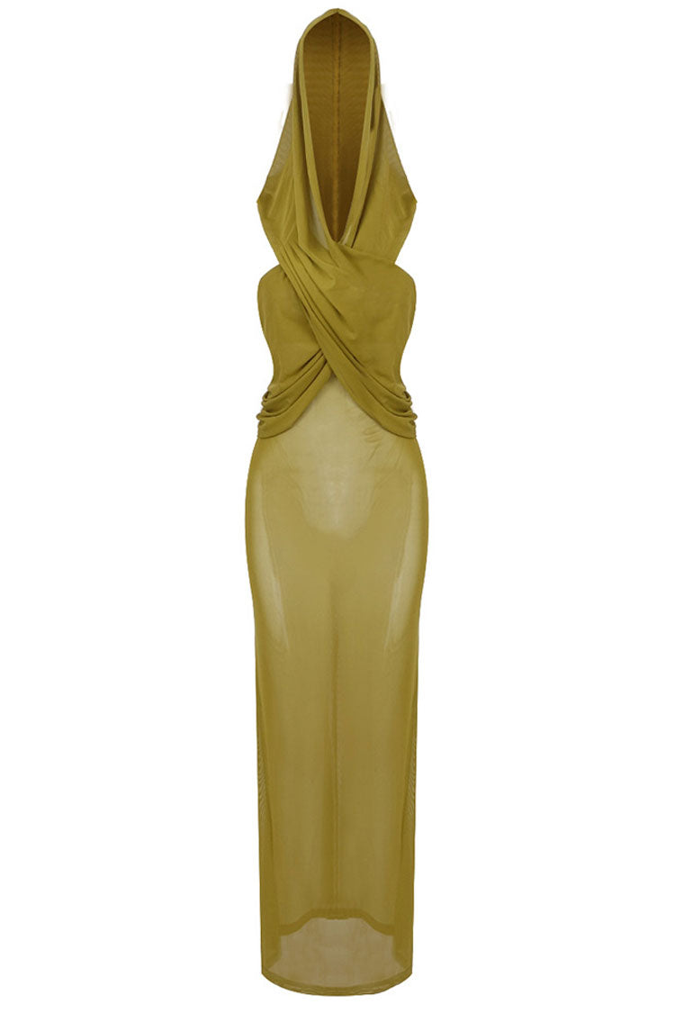 Lounge Draped Hooded Mesh Sheer Beach Vacation Maxi Dress - Grass Green