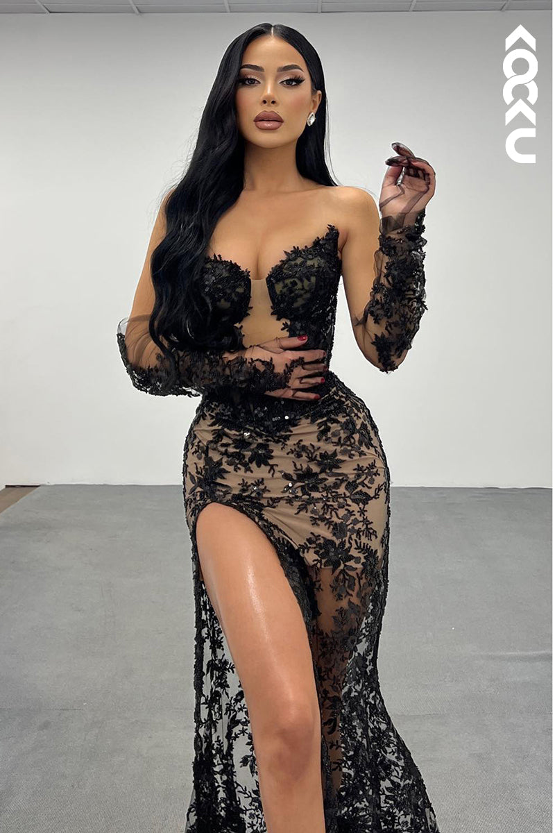 L2233 - Sexy & Hot V-neck Allover Lace applique High side slit Evening party Prom dress