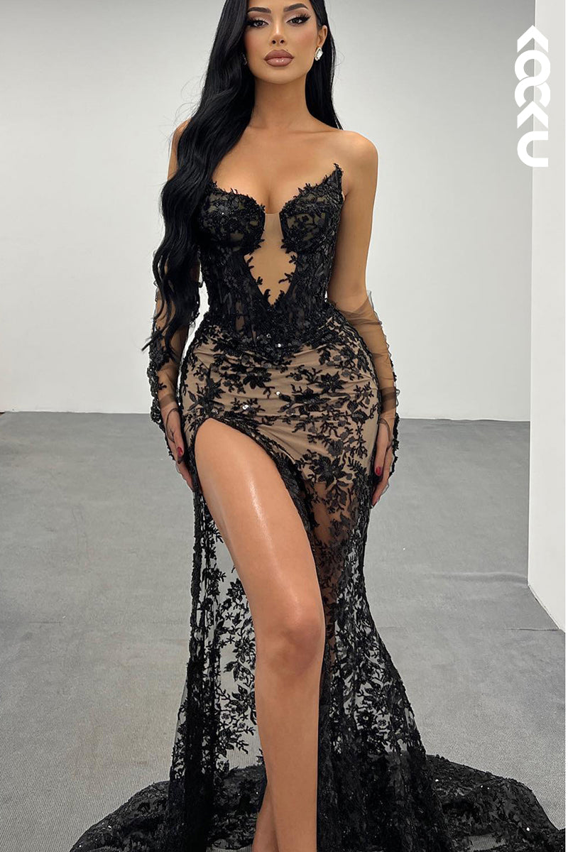 L2233 - Sexy & Hot V-neck Allover Lace applique High side slit Evening party Prom dress