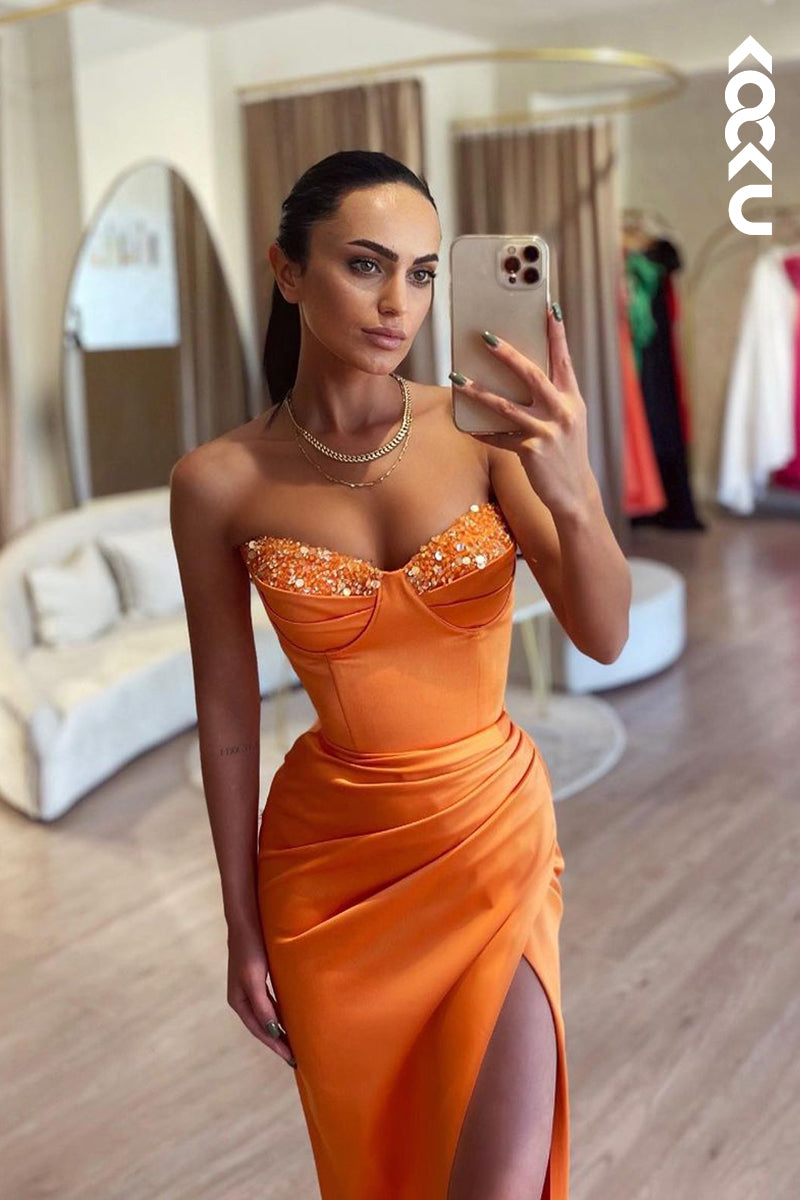 L2186 - Morden Off-shoulder Sleeveless Sheath Ruched Party Prom Dress With Side Slit